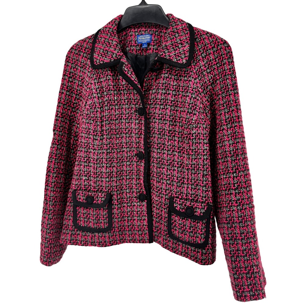 Pendleton Tweed Blazer Jacket Pink Black Woven Button‎ Front Collar Pockets 14